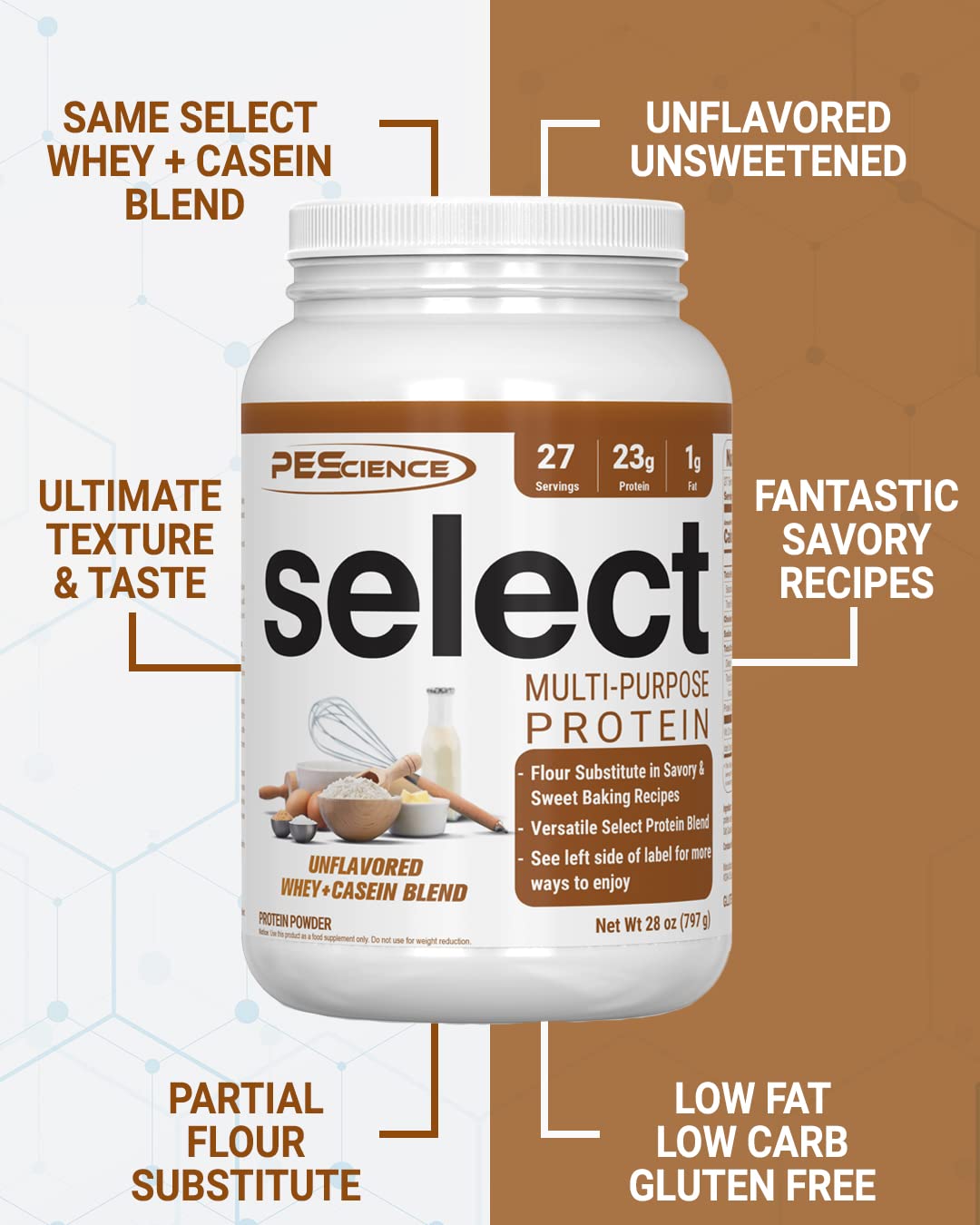 PEScience Select protein powder scoop with unsweetened base ideal for baking and smoothies