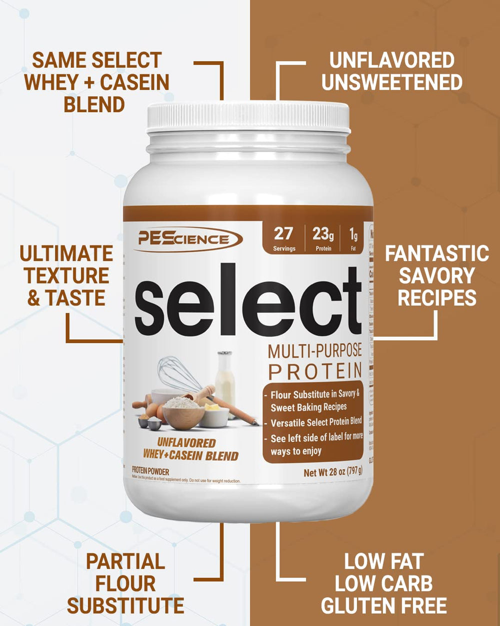 PEScience Select protein powder scoop with unsweetened base ideal for baking and smoothies