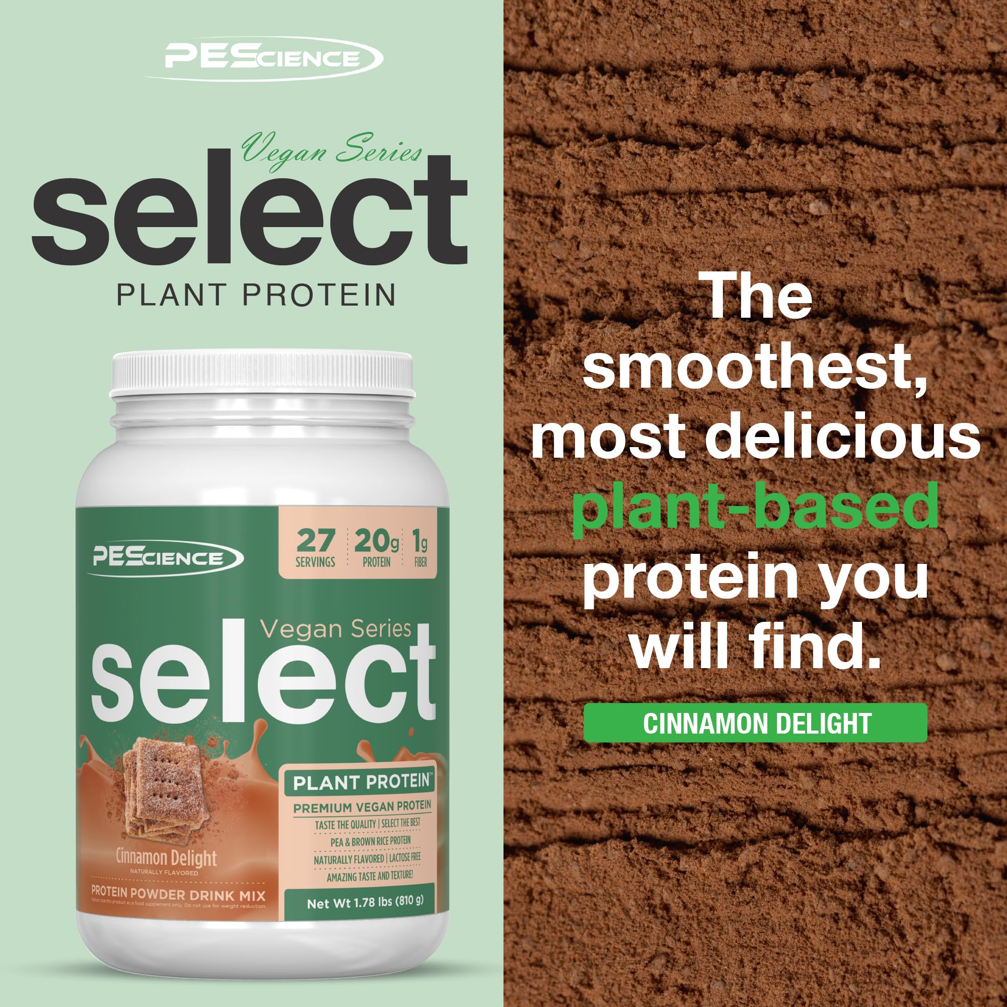 Scoop close-up of PEScience Select Vegan Cinnamon Delight highlighting powder texture.