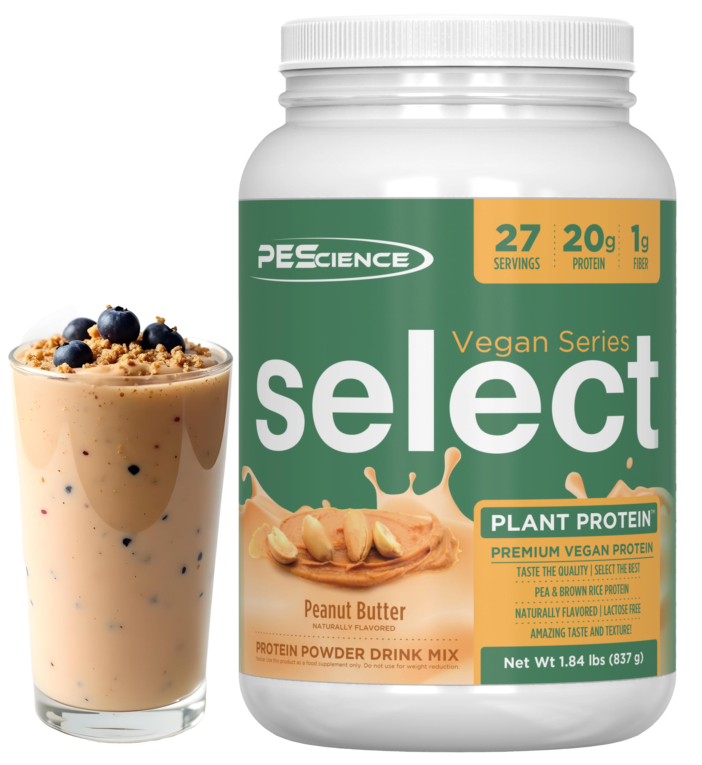PEScience Select Vegan Peanut Butter Delight scoop on counter for post-workout fueling
