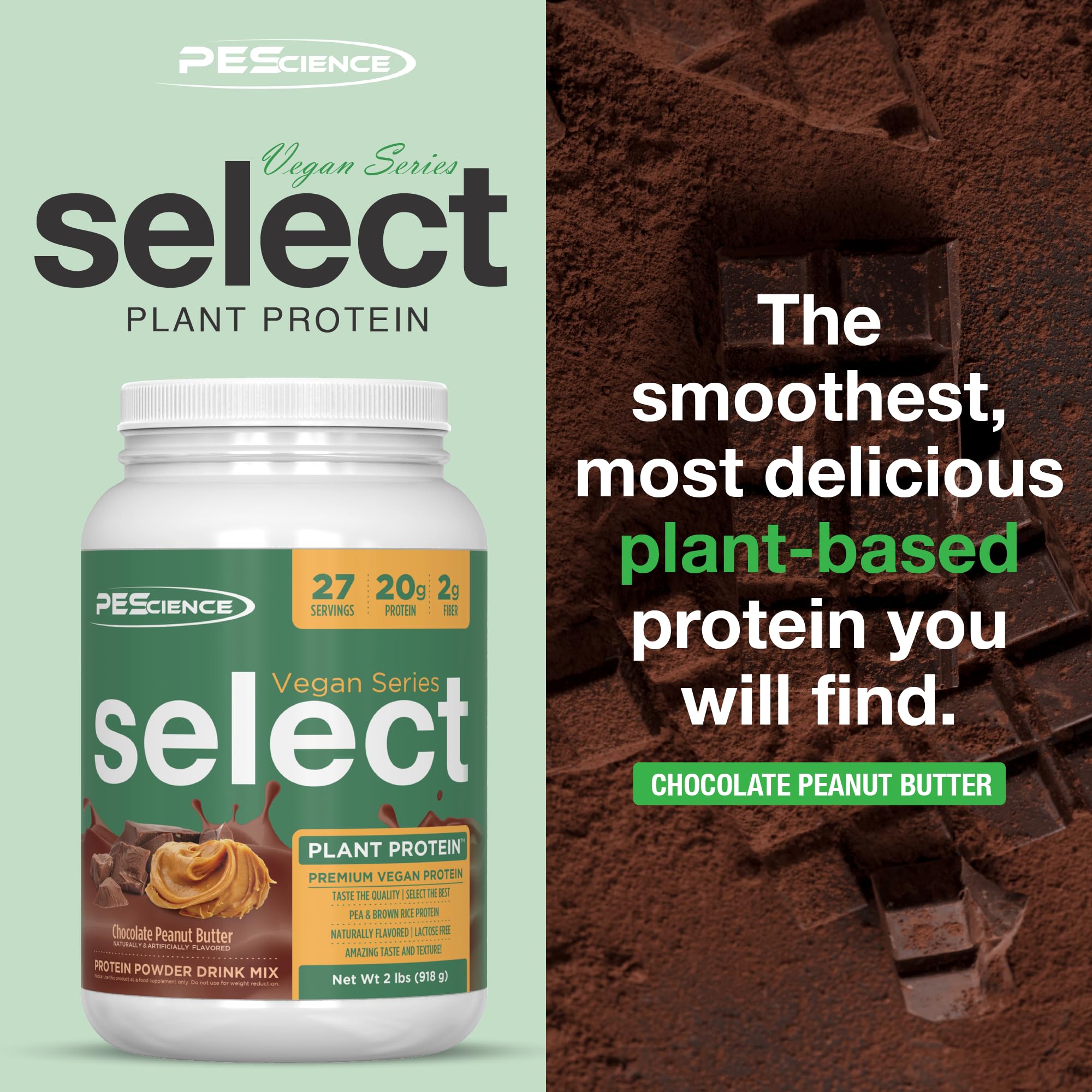 PEScience Select Vegan powder scoop beside brown rice protein blend.