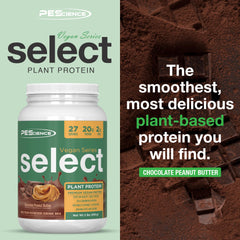 PEScience Select Vegan powder scoop beside brown rice protein blend.