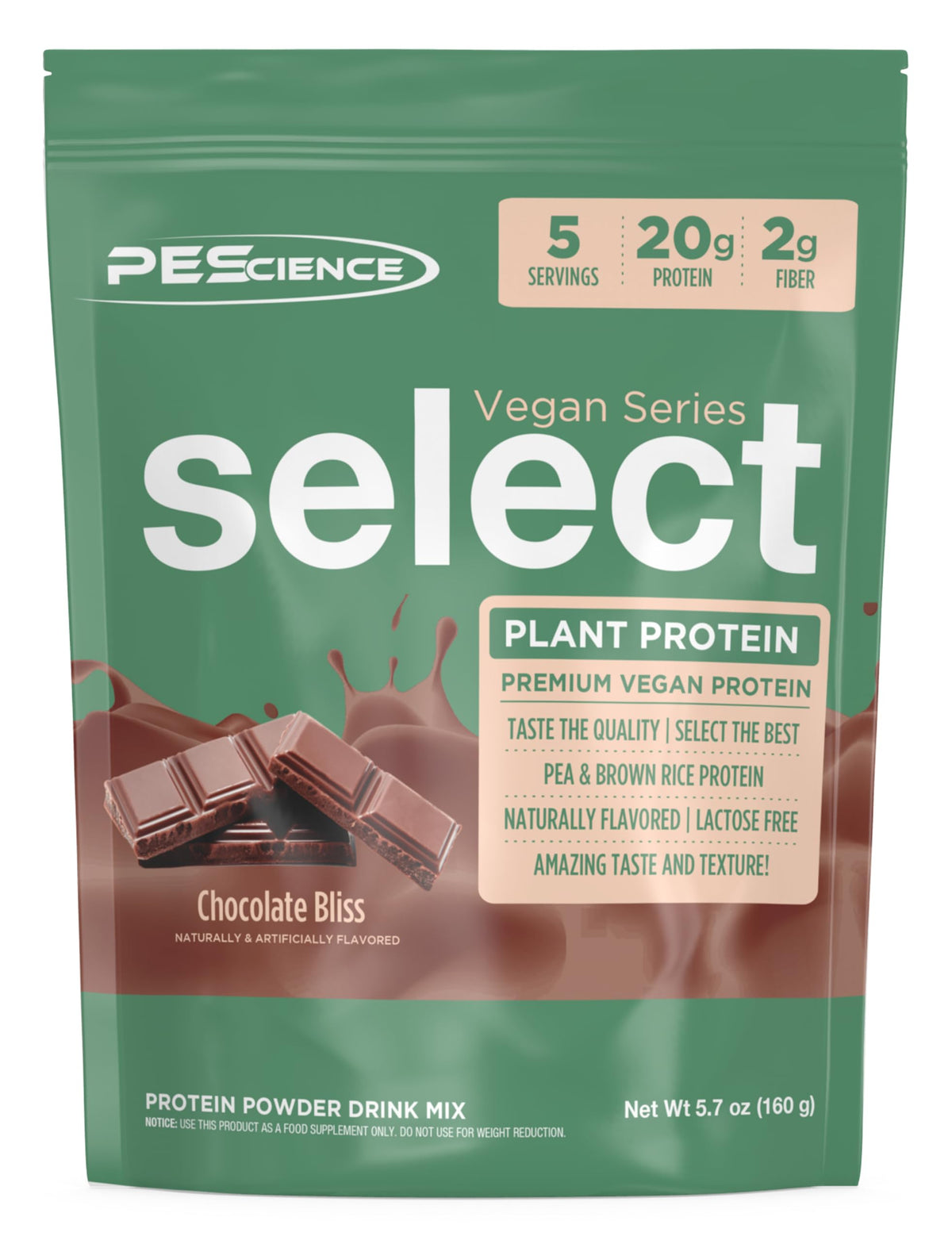 PEScience Select Vegan Protein Chocolate Bliss bag showcases dairy-free protein for active athletes.