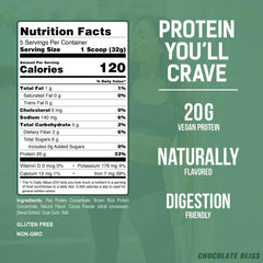PEScience Select Vegan Protein Chocolate Bliss ingredients highlight pea and brown rice protein blend.