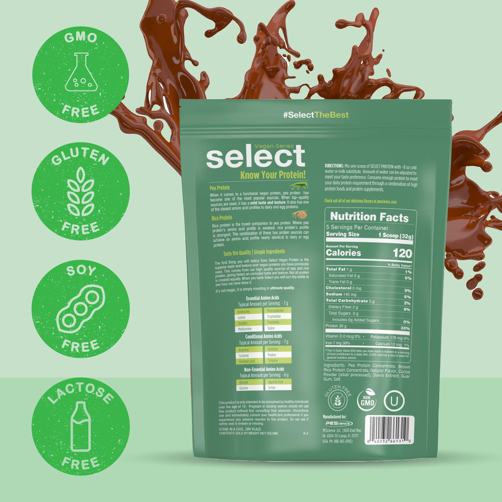 PEScience Select Vegan Protein Chocolate Bliss label confirms gluten-free and soy-free formula.