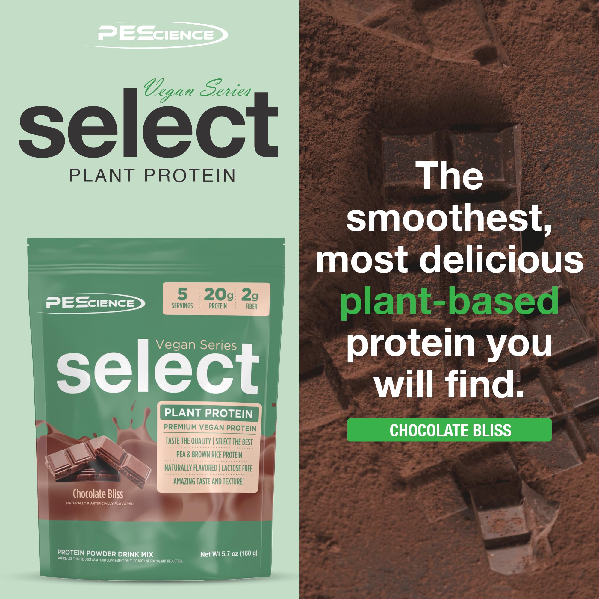 PEScience Select Vegan Protein Chocolate Bliss shake glass highlights creamy texture without dairy.