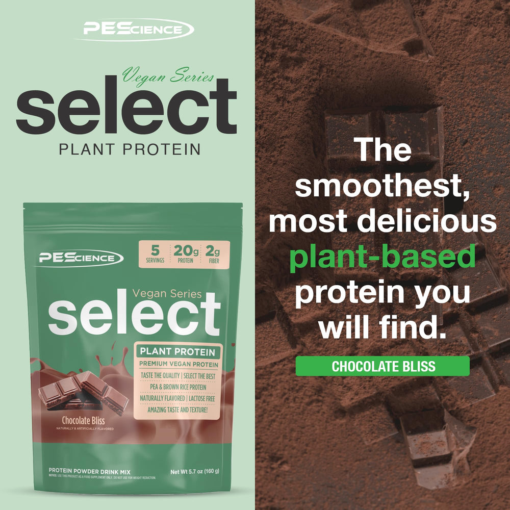 PEScience Select Vegan Protein Chocolate Bliss shake glass highlights creamy texture without dairy.