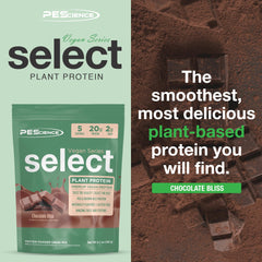 PEScience Select Vegan Protein Chocolate Bliss shake glass highlights creamy texture without dairy.