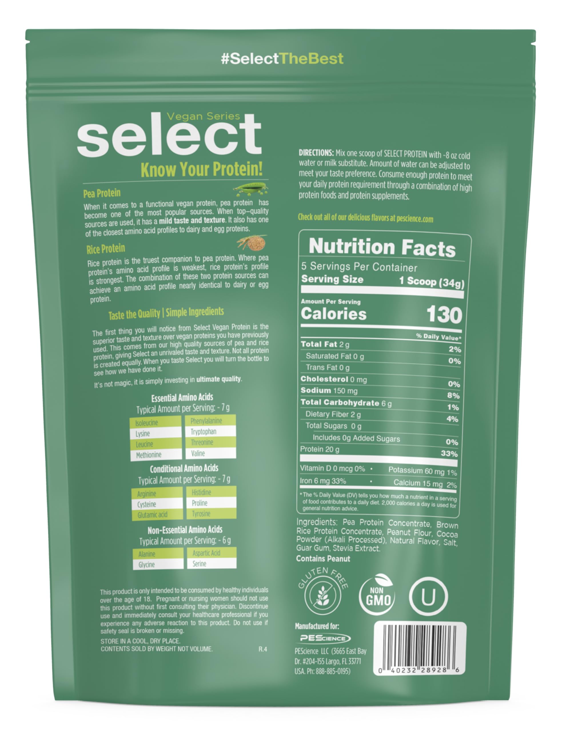 PEScience Select Vegan chocolate peanut butter bottle shows quick, creamy mix for workouts