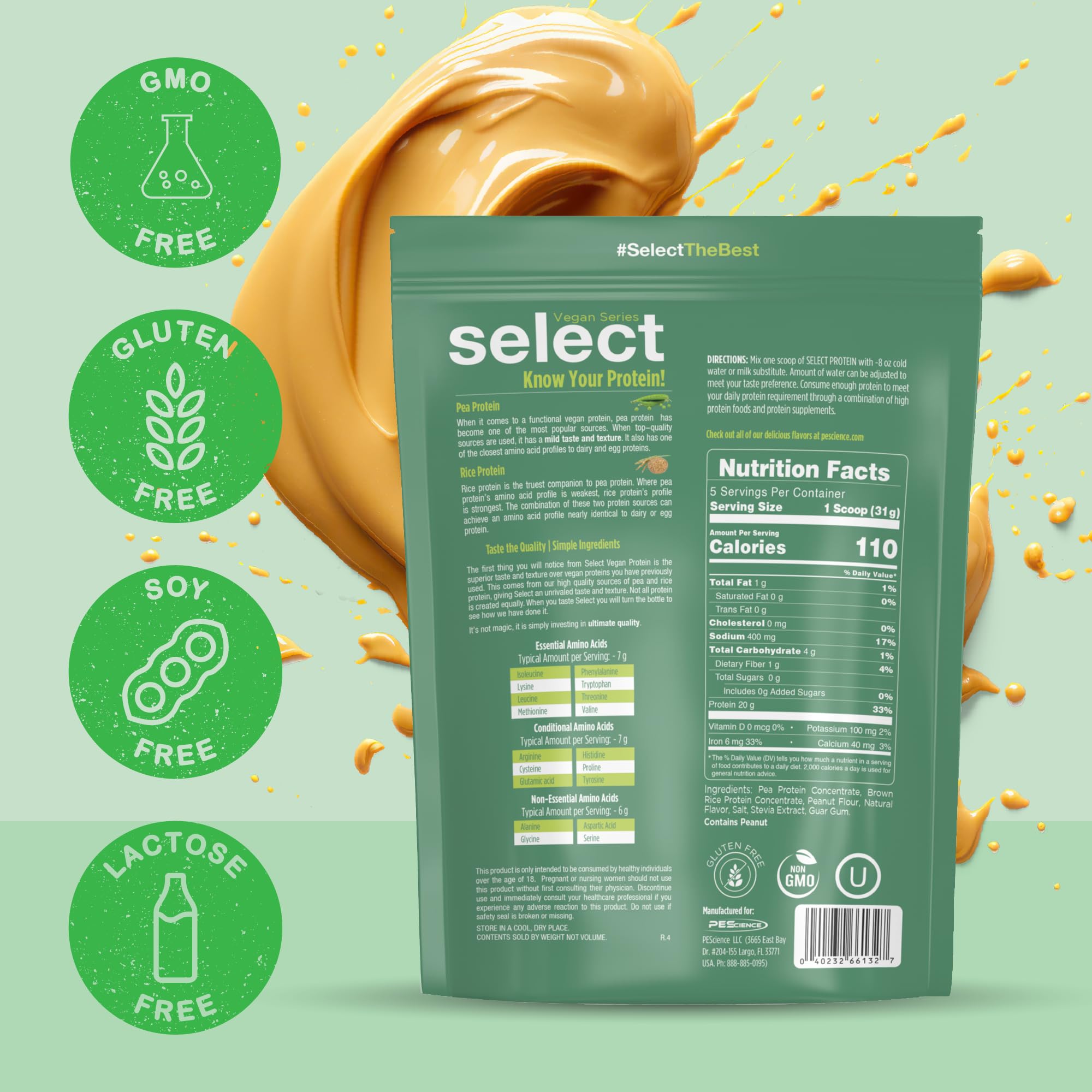 PEScience Select Vegan Protein close-up reveals pea and brown rice blend.