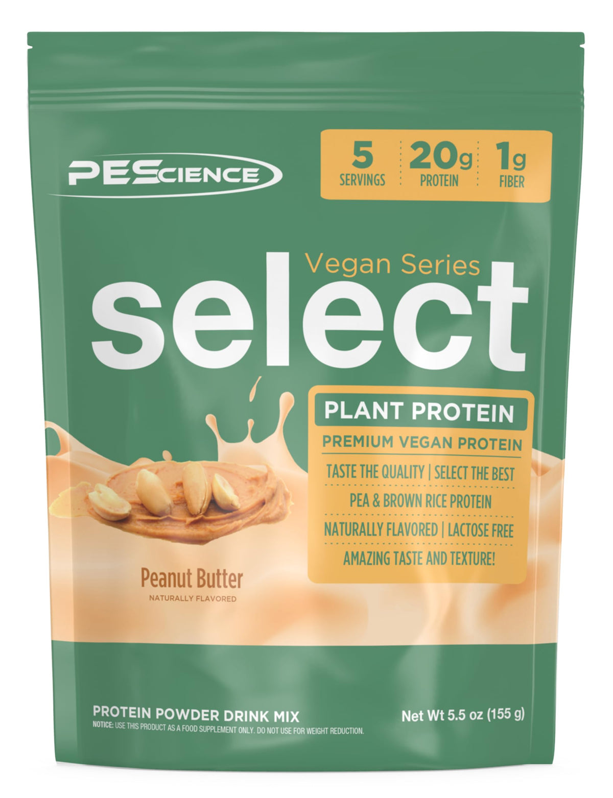PEScience Select Vegan Peanut Butter Delight package shows dairy-free plant-based formula.
