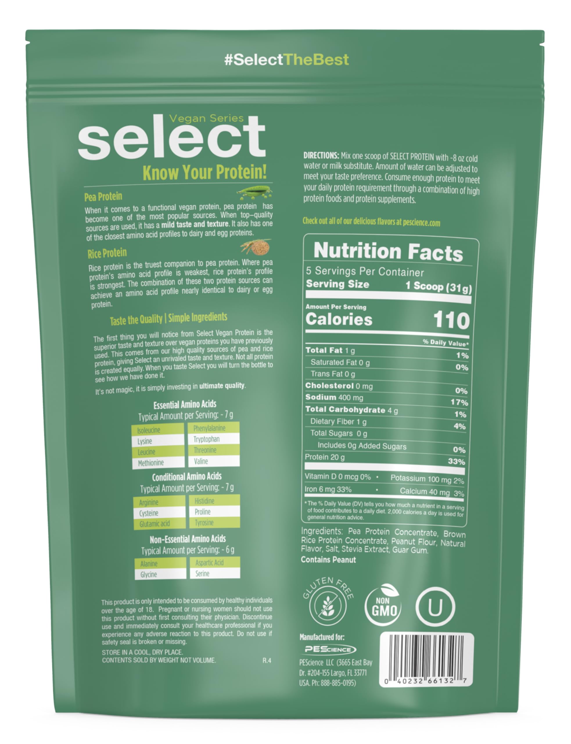 PEScience Select Vegan Protein travel pack beside gym bag for on-the-go use.