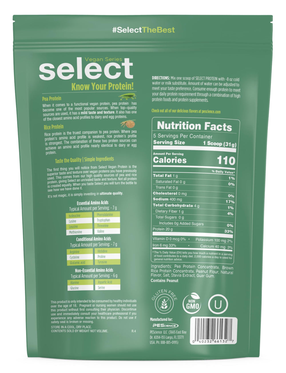PEScience Select Vegan Protein travel pack beside gym bag for on-the-go use.