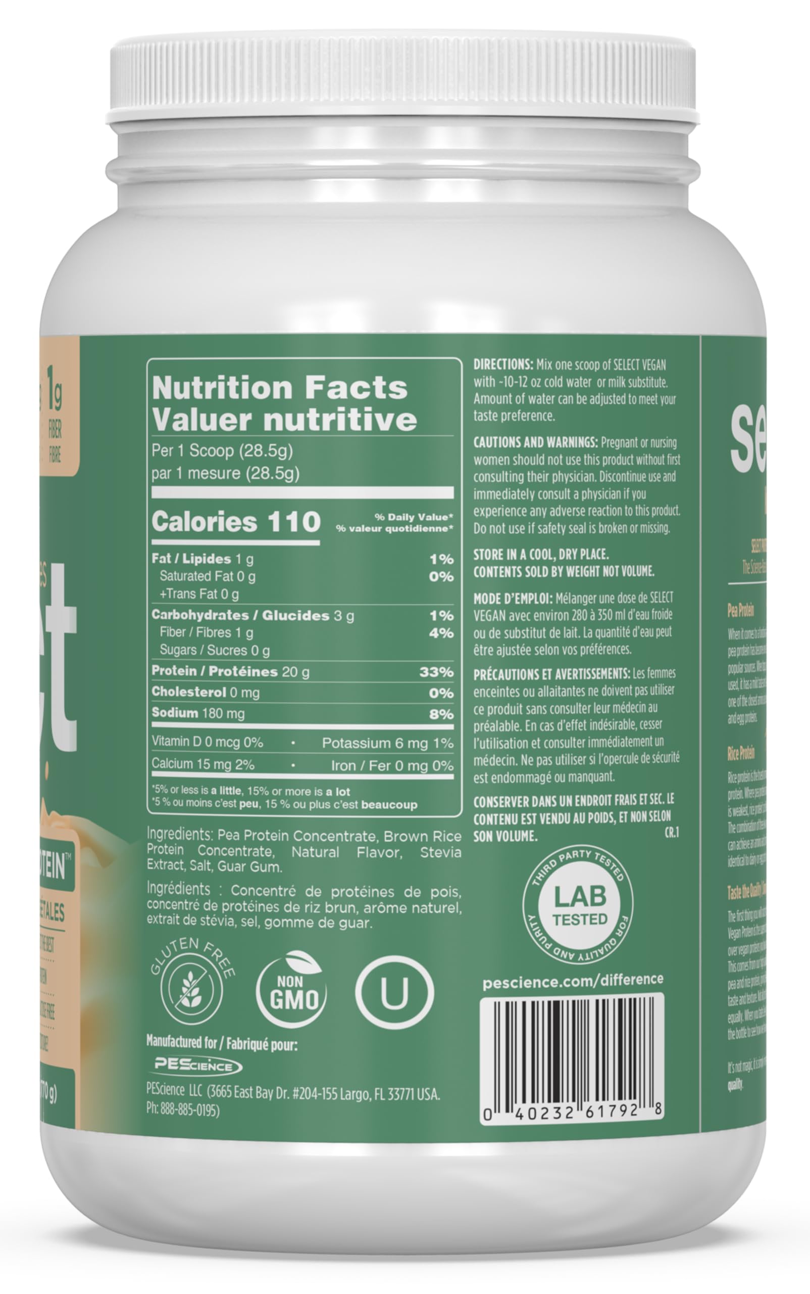 PEScience Select Vegan Protein Pumpkin Pie tub label highlighting dairy-free promise