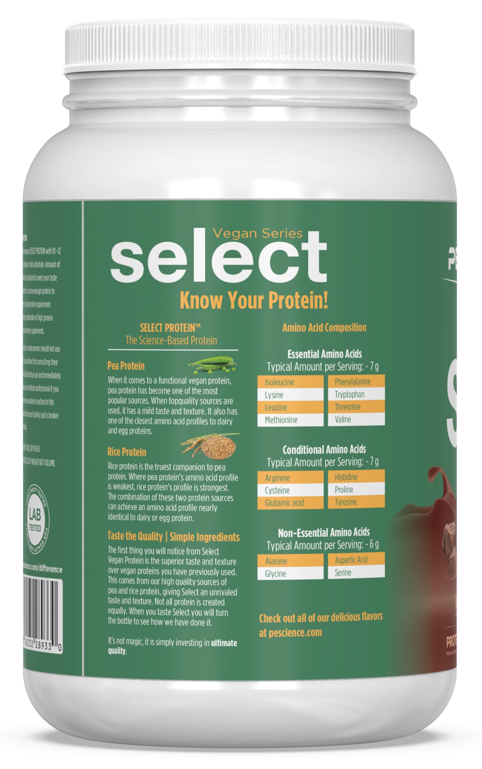 PEScience Select Vegan stevia-sweetened powder ready to measure.