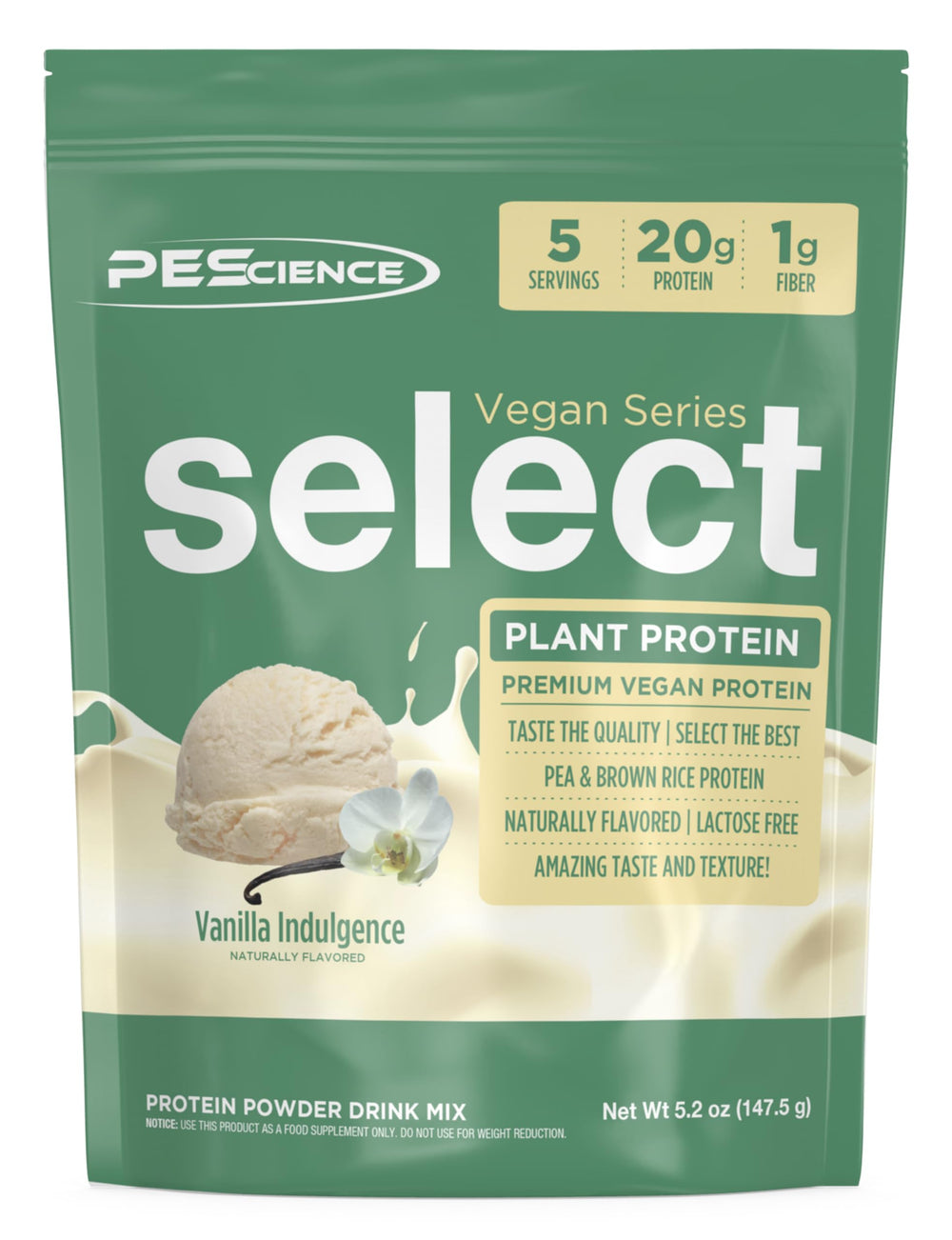 PEScience Select Vegan Vanilla Indulgence label highlights dairy-free protein option.