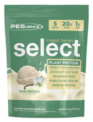 PEScience Select Vegan Vanilla Indulgence label highlights dairy-free protein option.