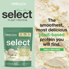 PEScience Select Vegan Vanilla Indulgence mix in a jar suggesting creamy texture.