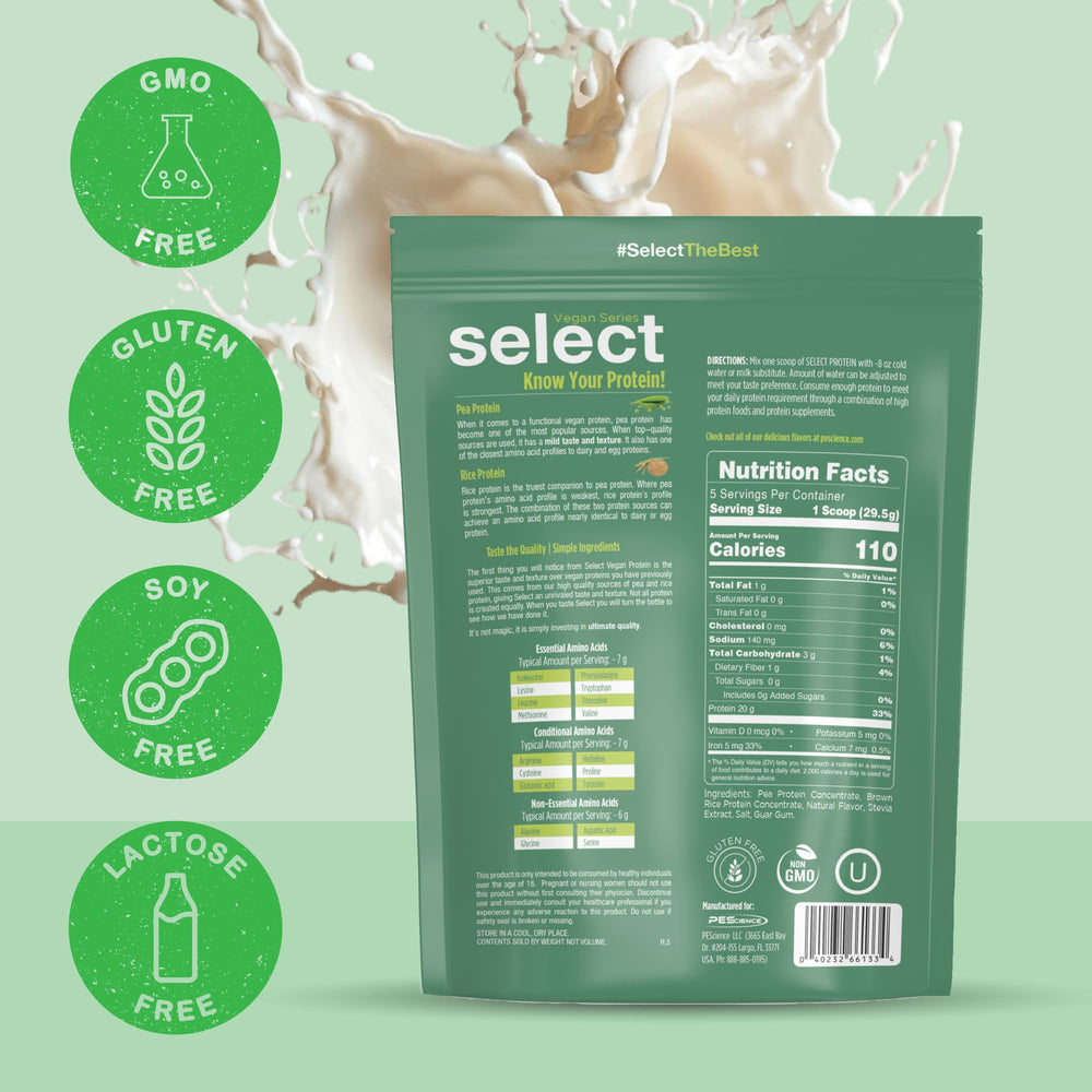 PEScience Select Vegan Vanilla Indulgence travel pack for on-the-go protein.