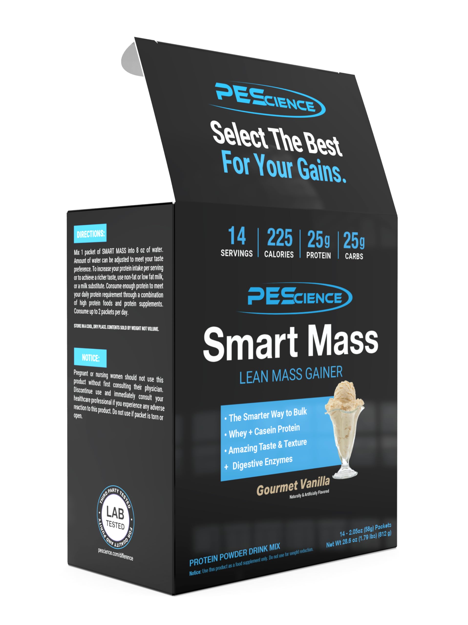 PEScience Smart Mass maltodextrin-free carb profile for cleaner calories.