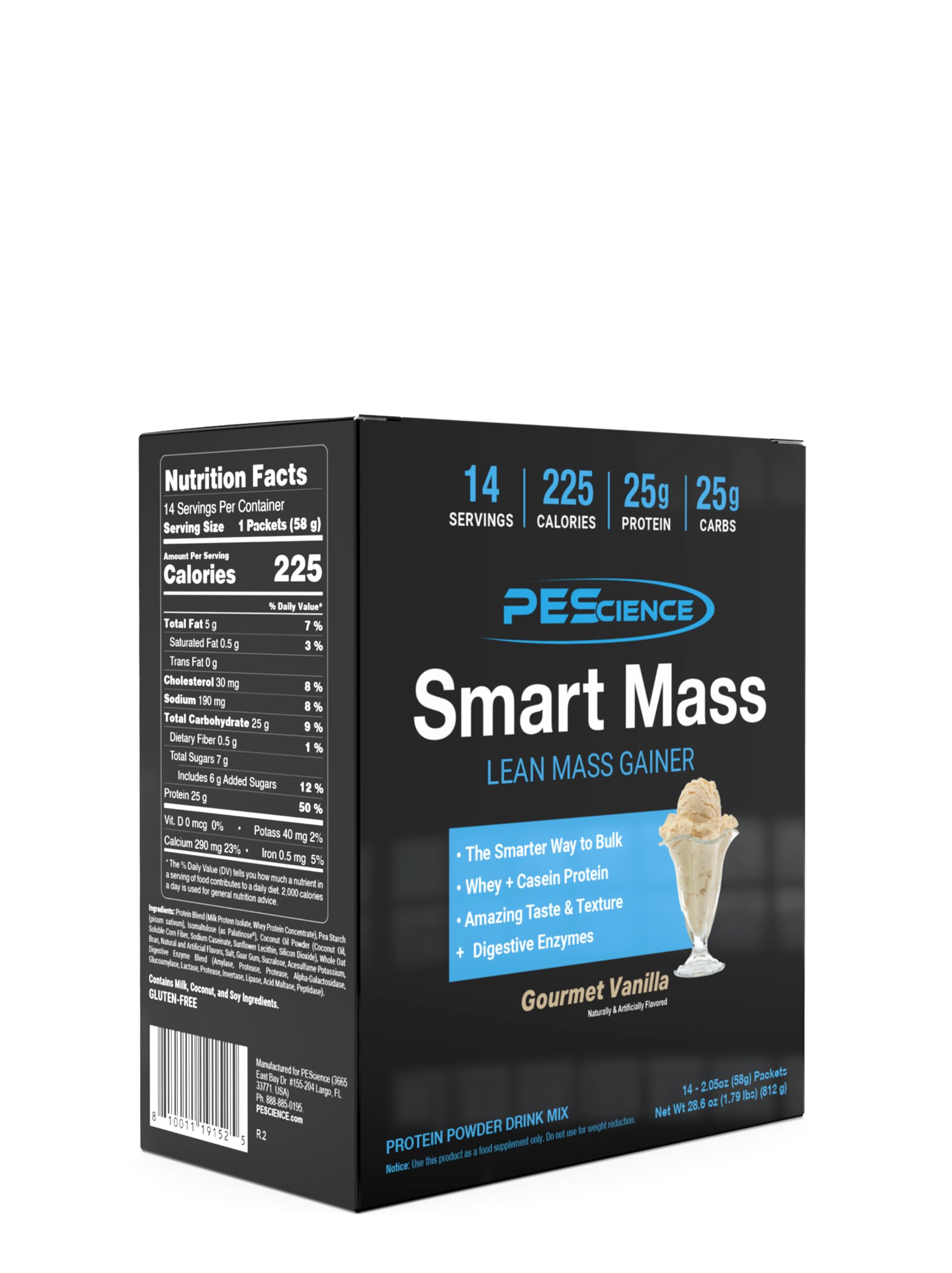 PEScience Smart Mass on-the-go packet with 225 calories per serving.