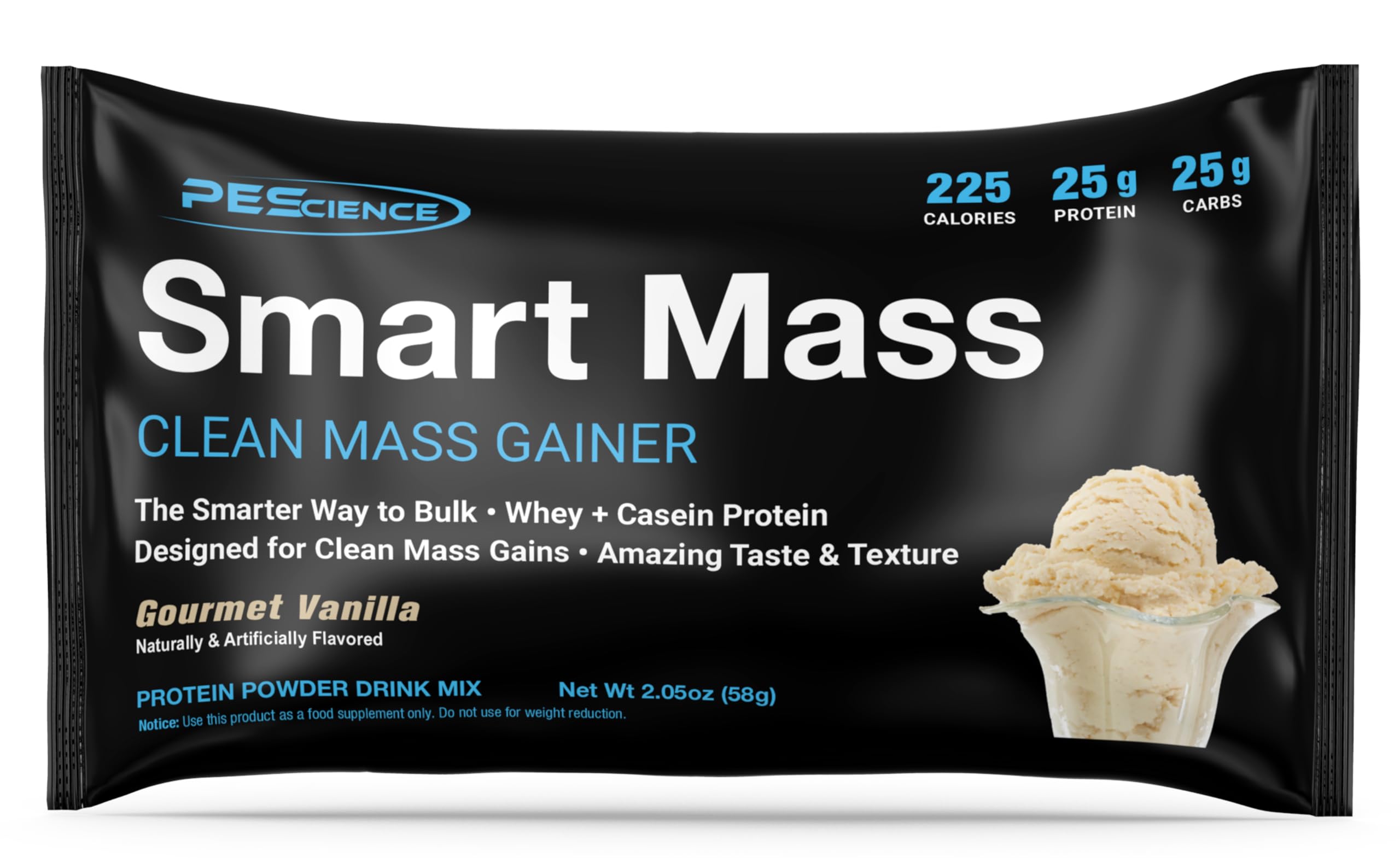 PEScience Smart Mass gourmet vanilla flavor with smooth texture.