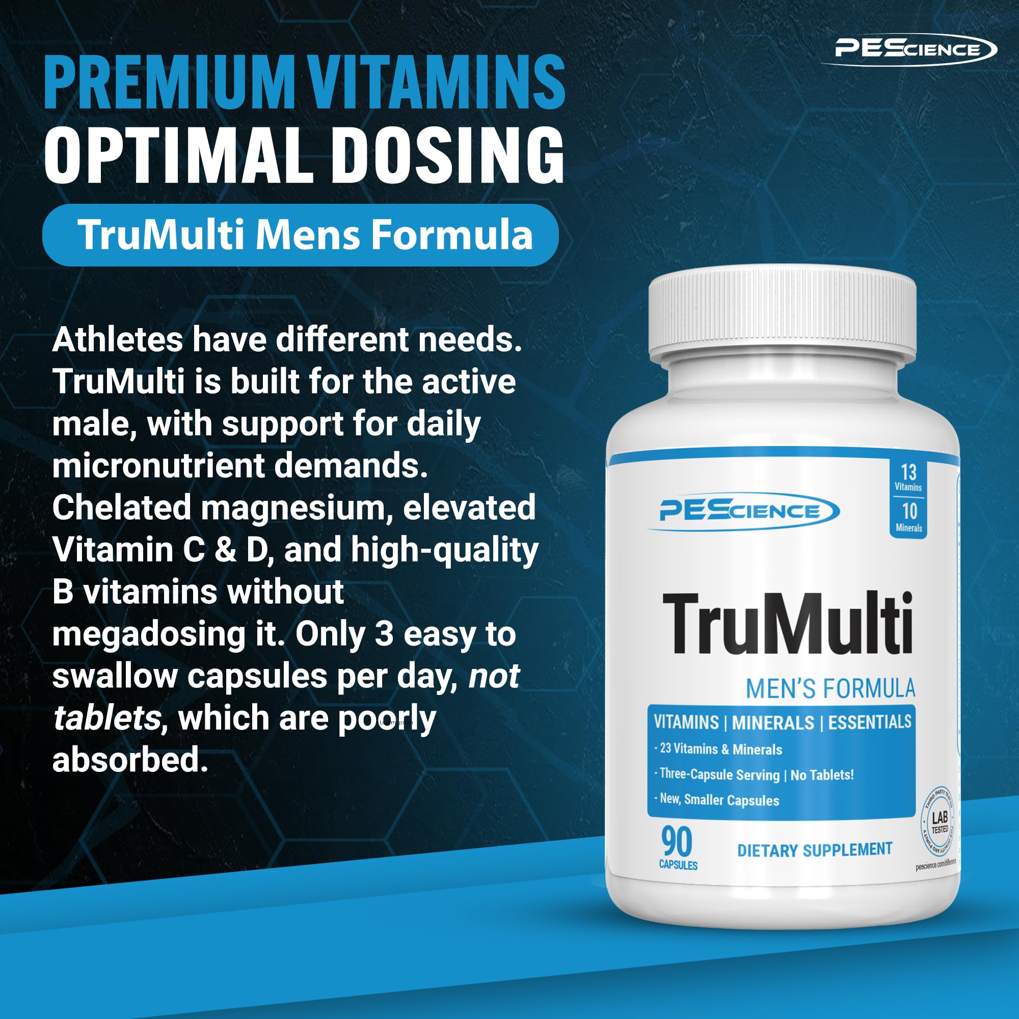 Three-capsule serving highlights easy, consistent dosing for active men.