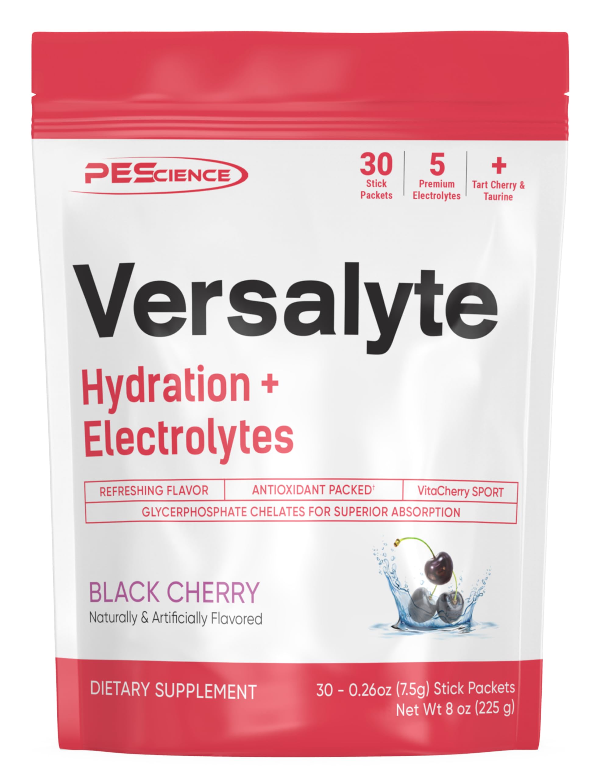 PEScience Versalyte dissolving powder in water, black cherry flavor.
