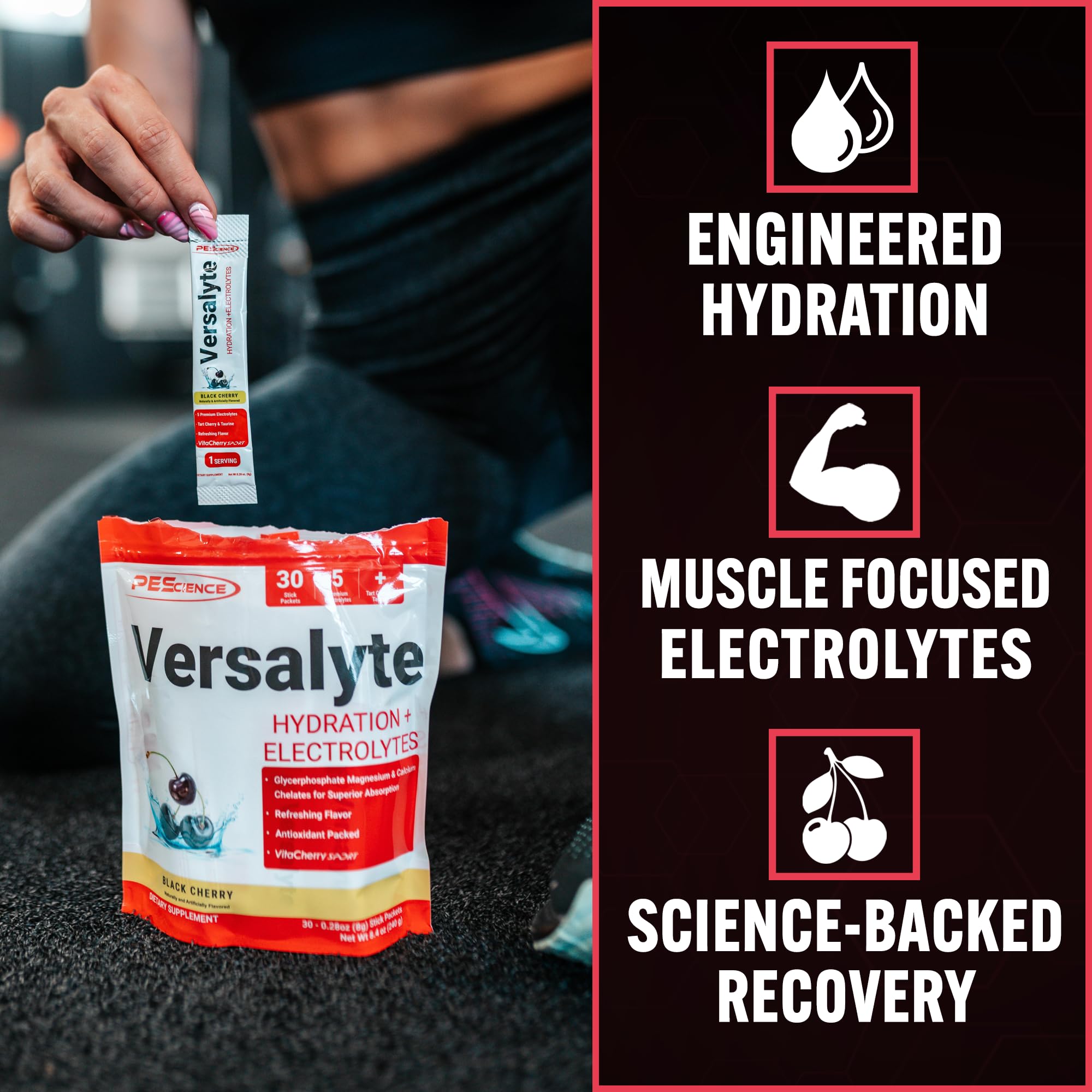 PEScience Versalyte back packaging with electrolyte details and zero sugar.
