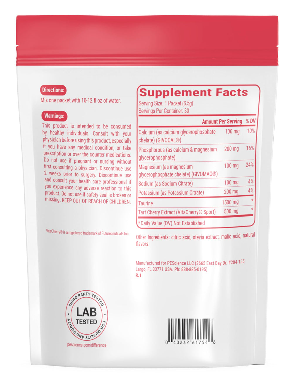 PEScience Versalyte ingredients label close-up highlights magnesium and taurine.