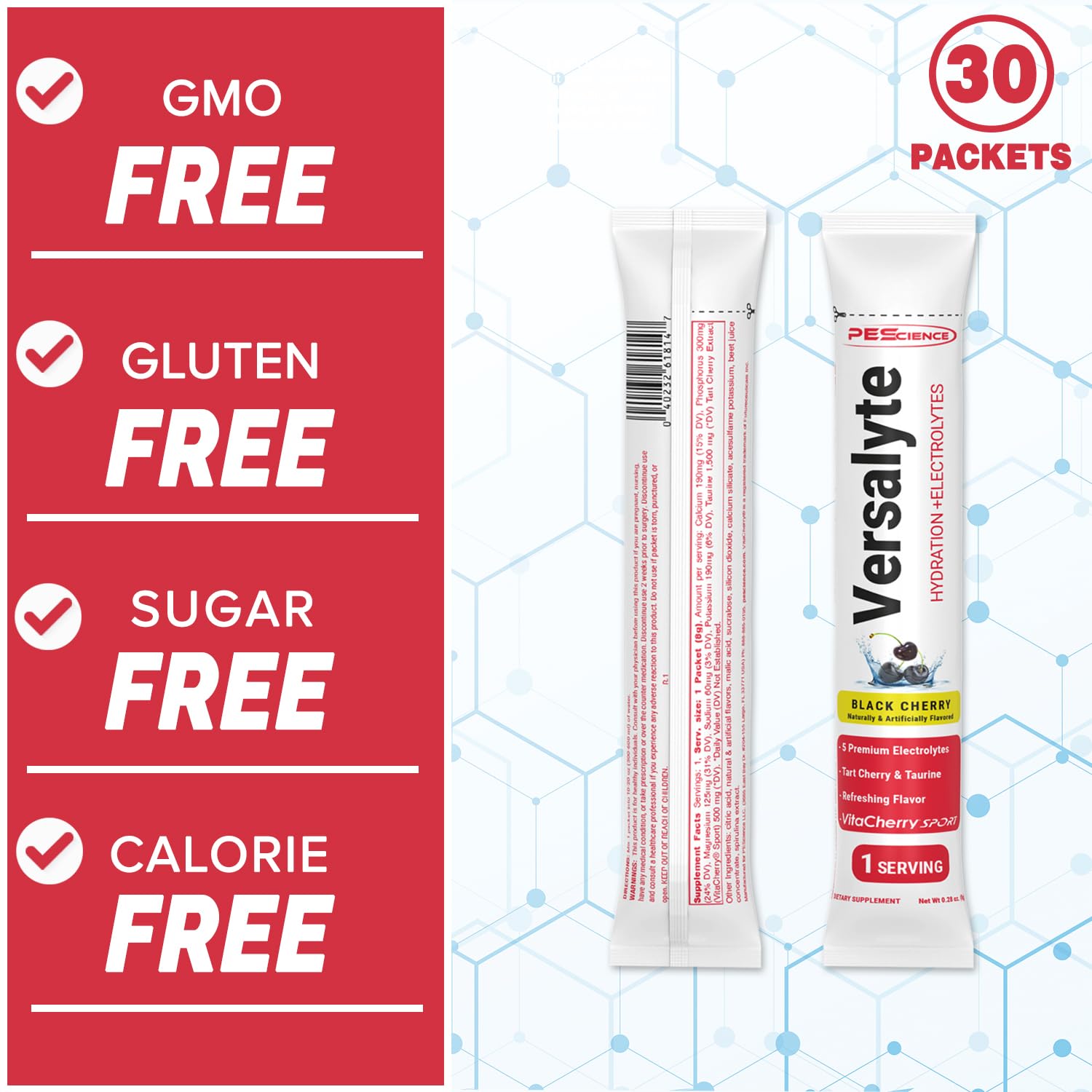 PEScience Versalyte single-serve stick, portable hydration in black cherry.