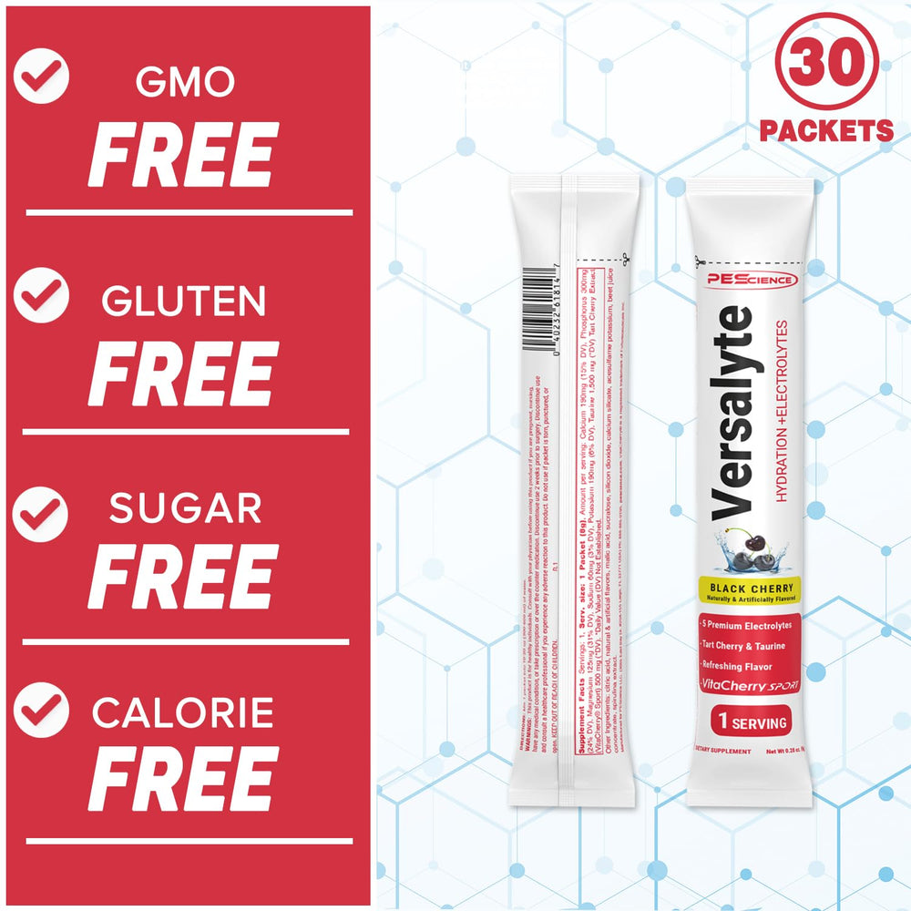 PEScience Versalyte single-serve stick, portable hydration in black cherry.