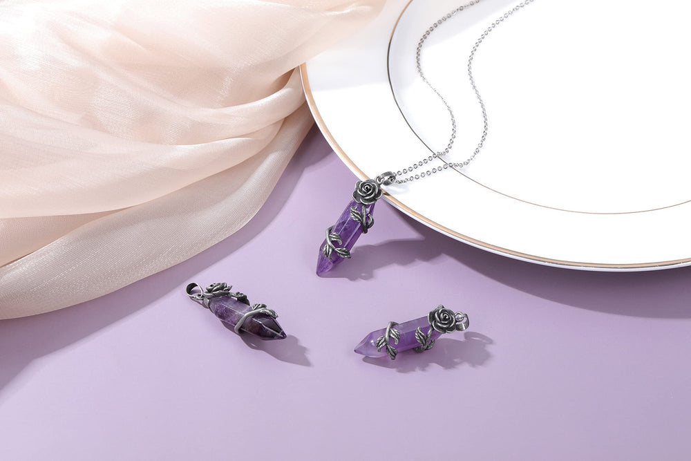 PESOENTH antique silver flower-wrap necklace with amethyst centerpiece