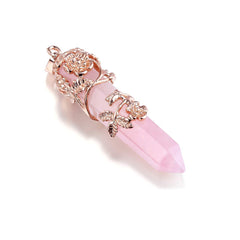 PESOENTH rose quartz pendant with rose-gold cap, showcasing detailed wire wrapping.