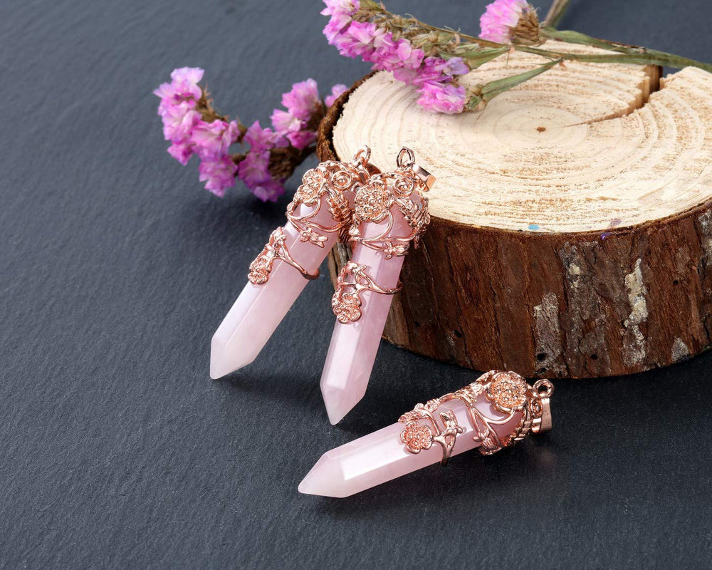 PESOENTH rose quartz hexagonal pendant with rose-gold wrap for a refined look.