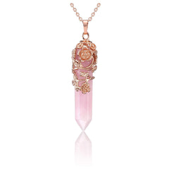 PESOENTH rose quartz pendant wrapped with flower cap, elegant and balanced.