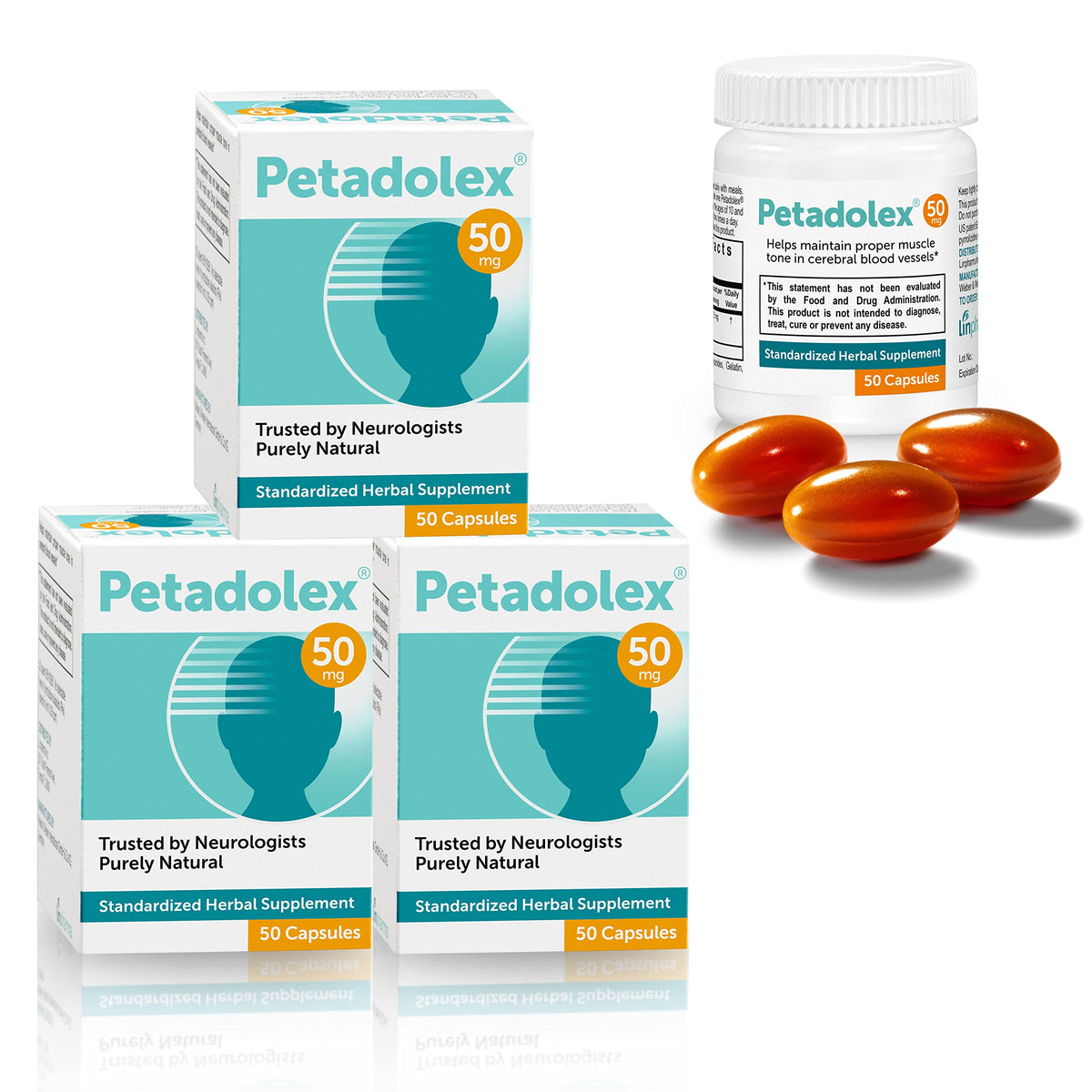 Petadolex Linpharma 50mg butterbur bottle for daily use and potential headache prevention.