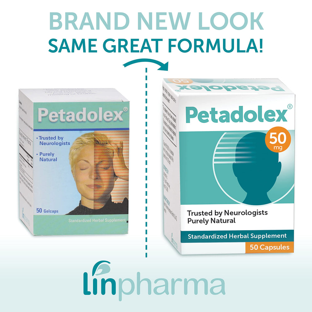 Petadolex Linpharma capsules close-up showing PA-free butterbur extract.