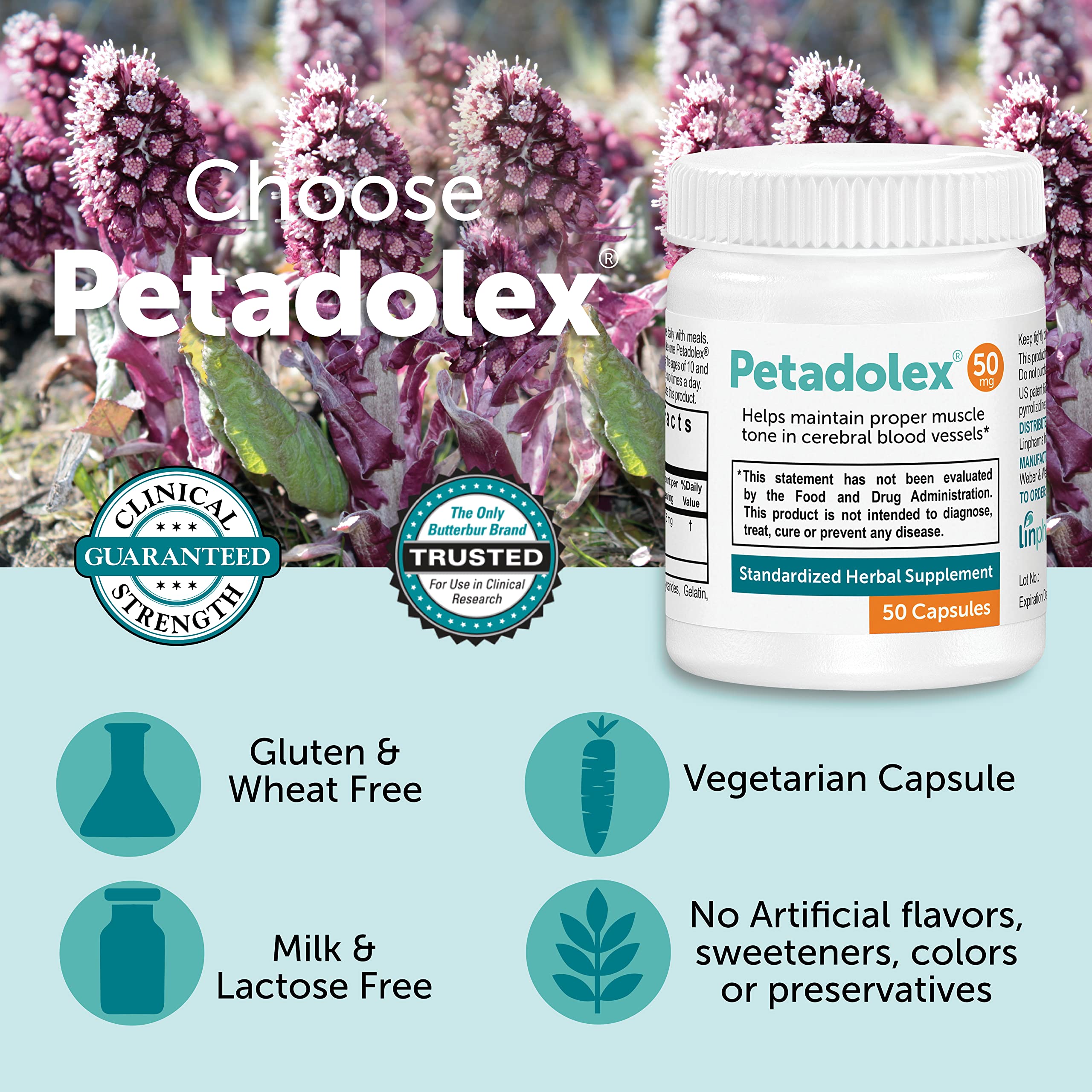 Petadolex Linpharma 50mg dosage label visible aiding correct use.