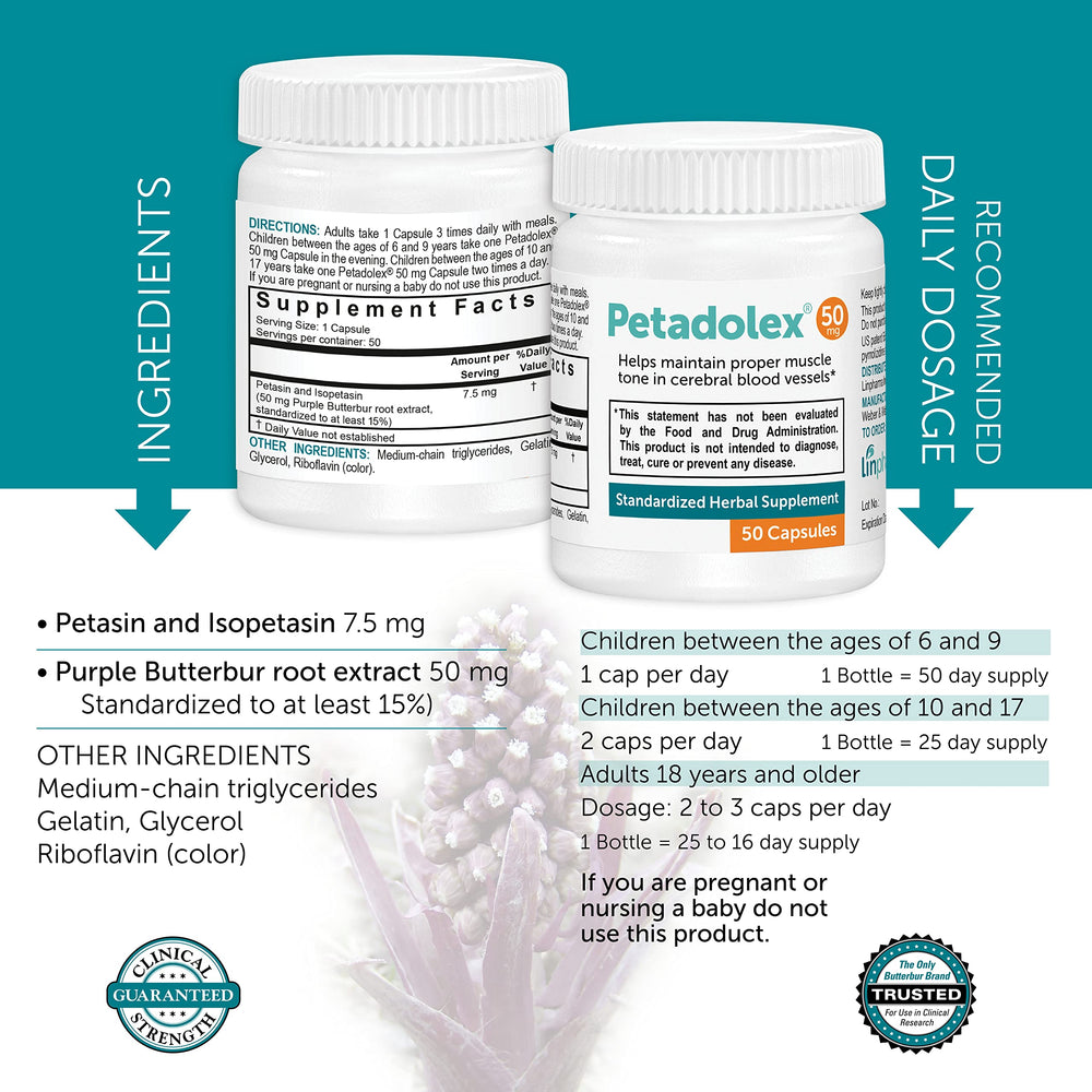 Petadolex Linpharma 50mg label highlights PA-free and purity.