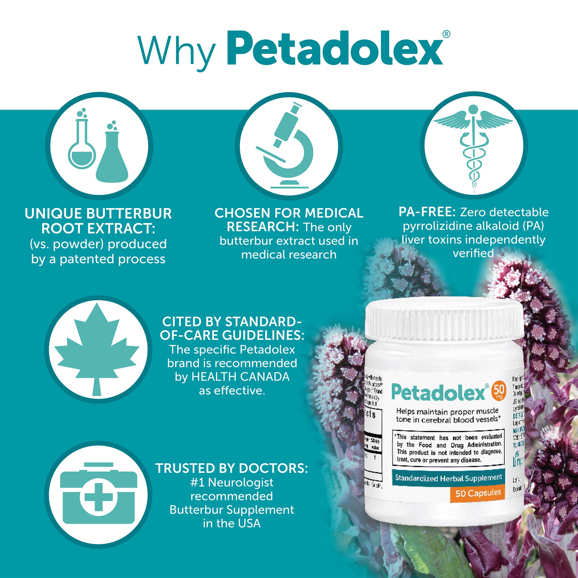 Petadolex Linpharma 50mg packaging on shelf for informed choice.