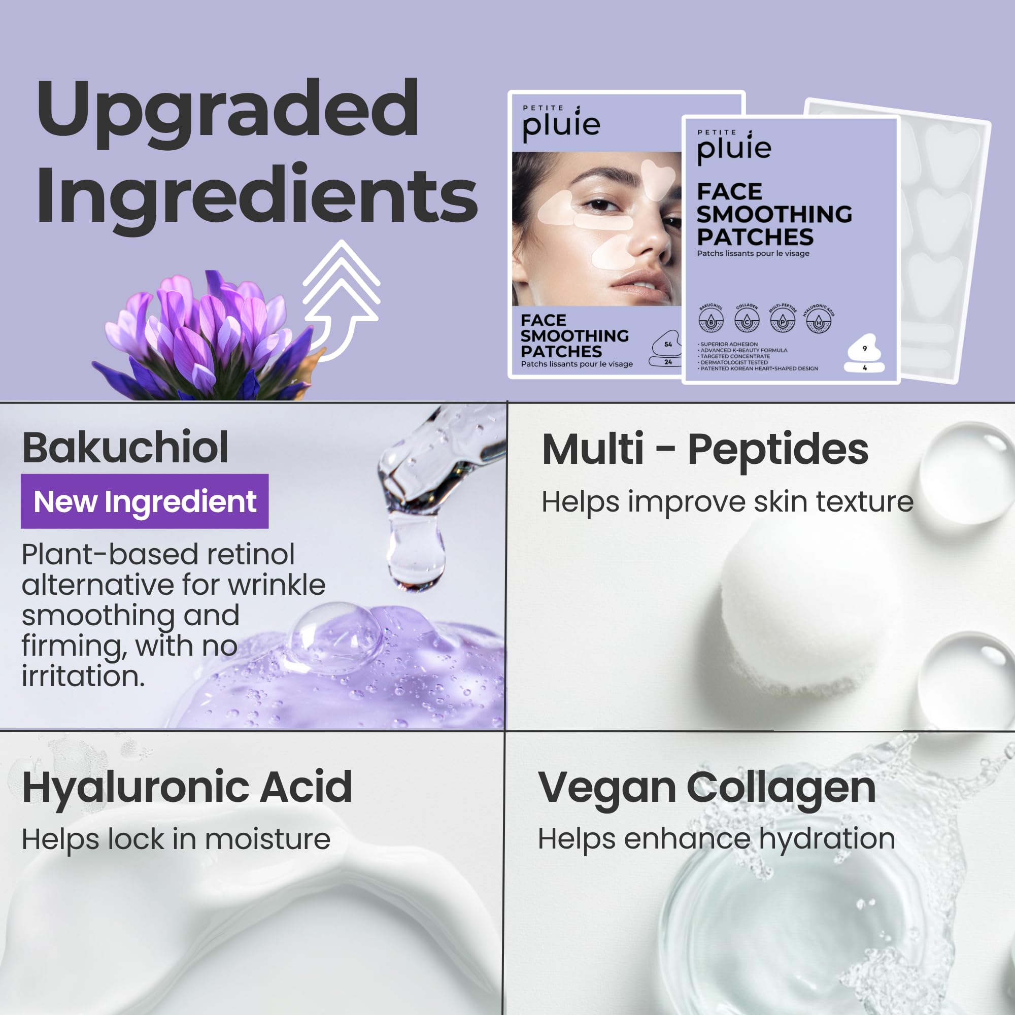 PETITE PLUIE face wrinkle patches closeup highlighting ultra-thin, comfortable overnight wear.