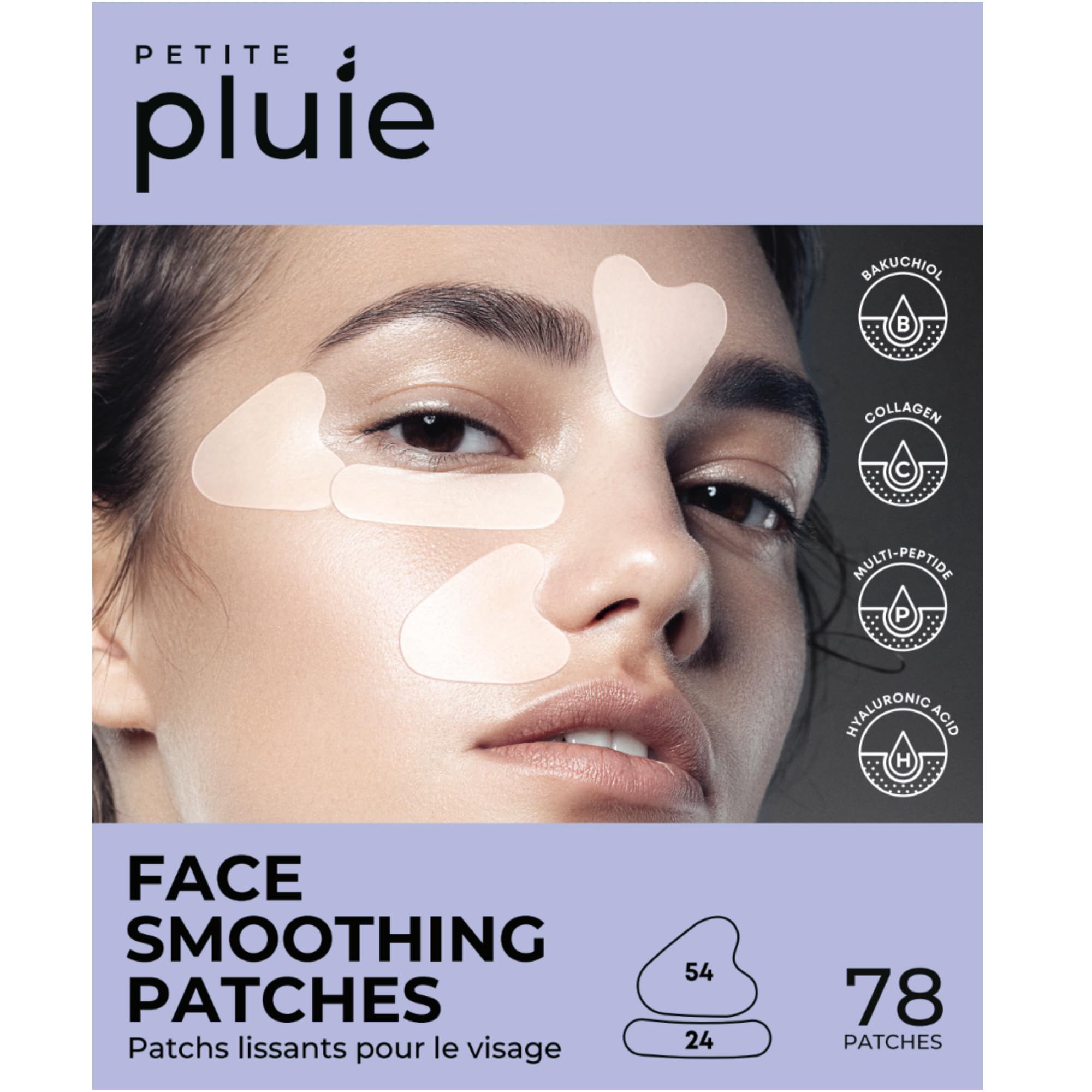 PETITE PLUIE face wrinkle patches packaging showing hygienic, travel-ready sheets for nightly smoothing.