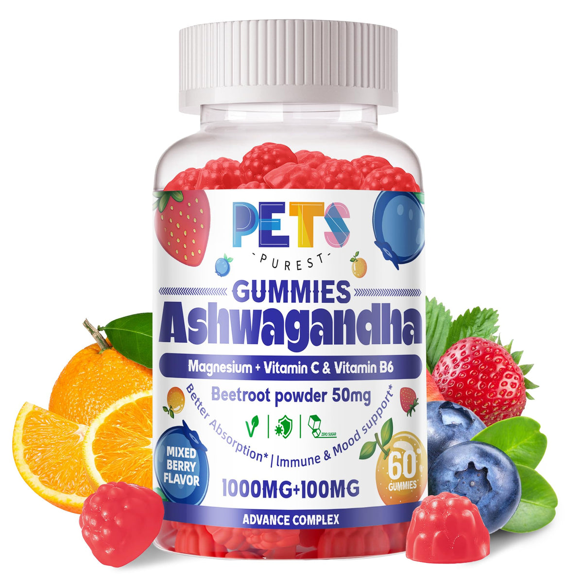 Pets Purest Ashwagandha Gummies bottle with berry flavor for daily calm