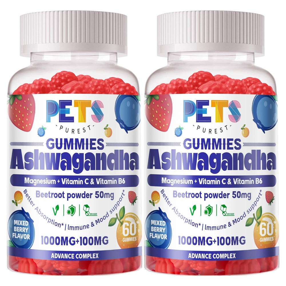 Pets Purest ashwagandha gummies bottle with berry flavor for mood support