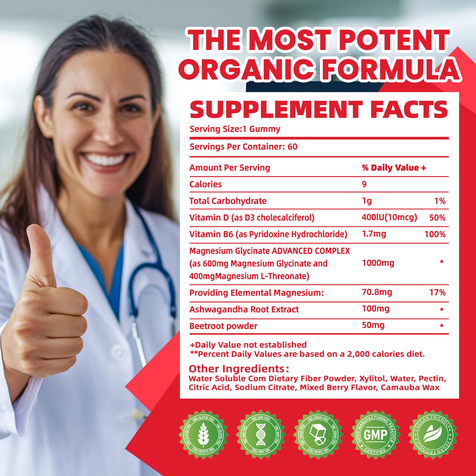 Pets Purest Ashwagandha Gummies label close-up highlighting vegan and gluten-free