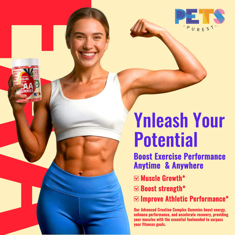 Pets Purest EAA Gummies ingredients panel demonstrates complete amino acid blend.