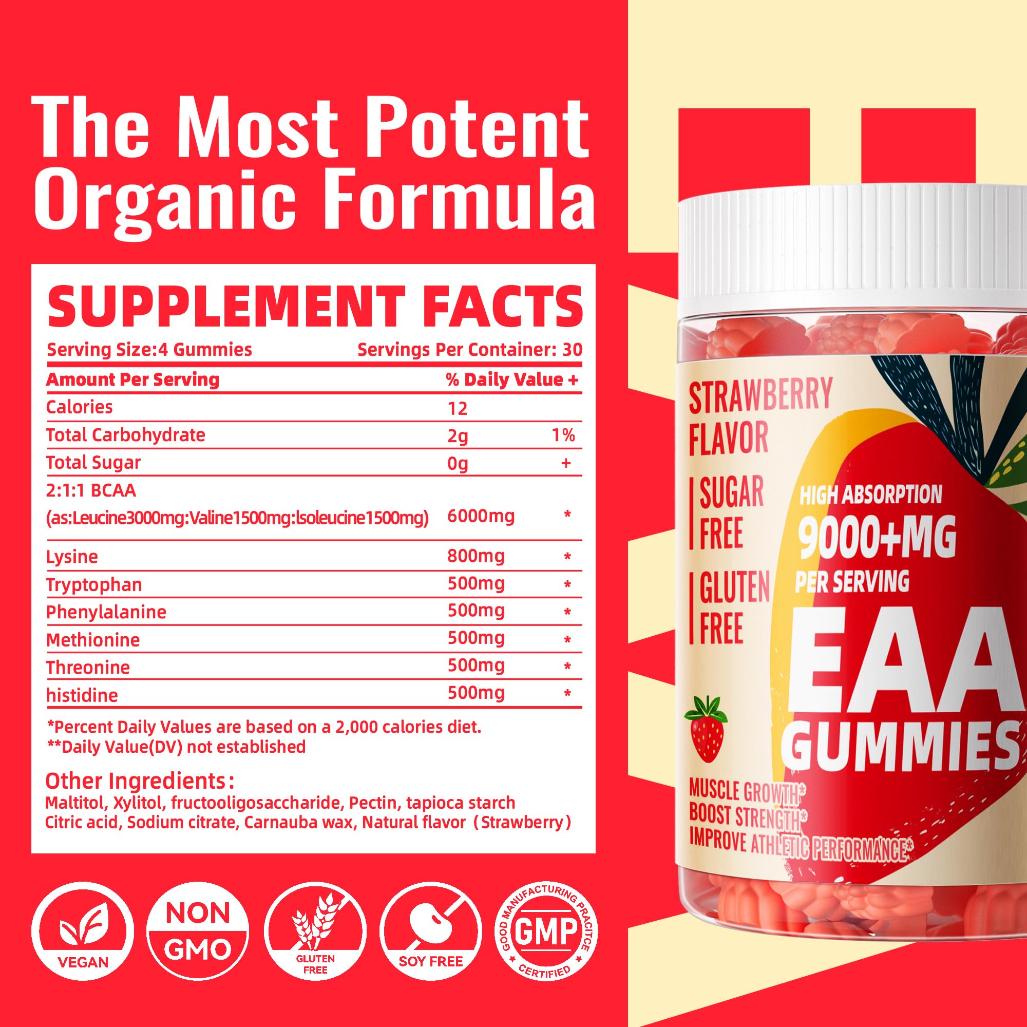 Pets Purest EAA Gummies label highlights ingredients and dietary features.