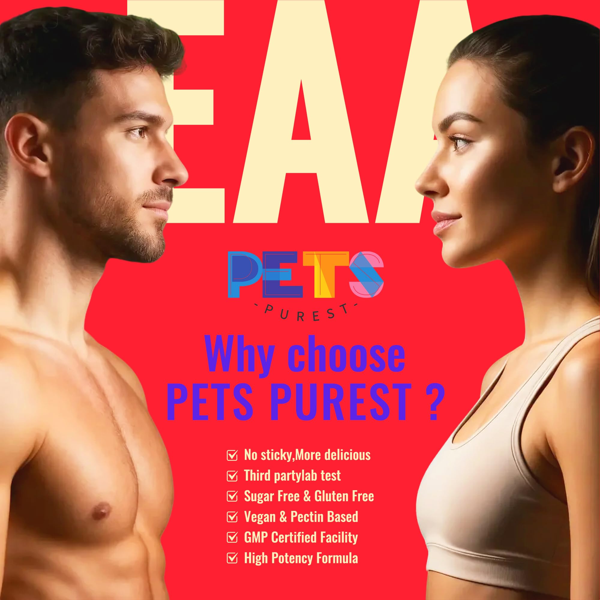 Pets Purest EAA Gummies muscle support concept in gym context.