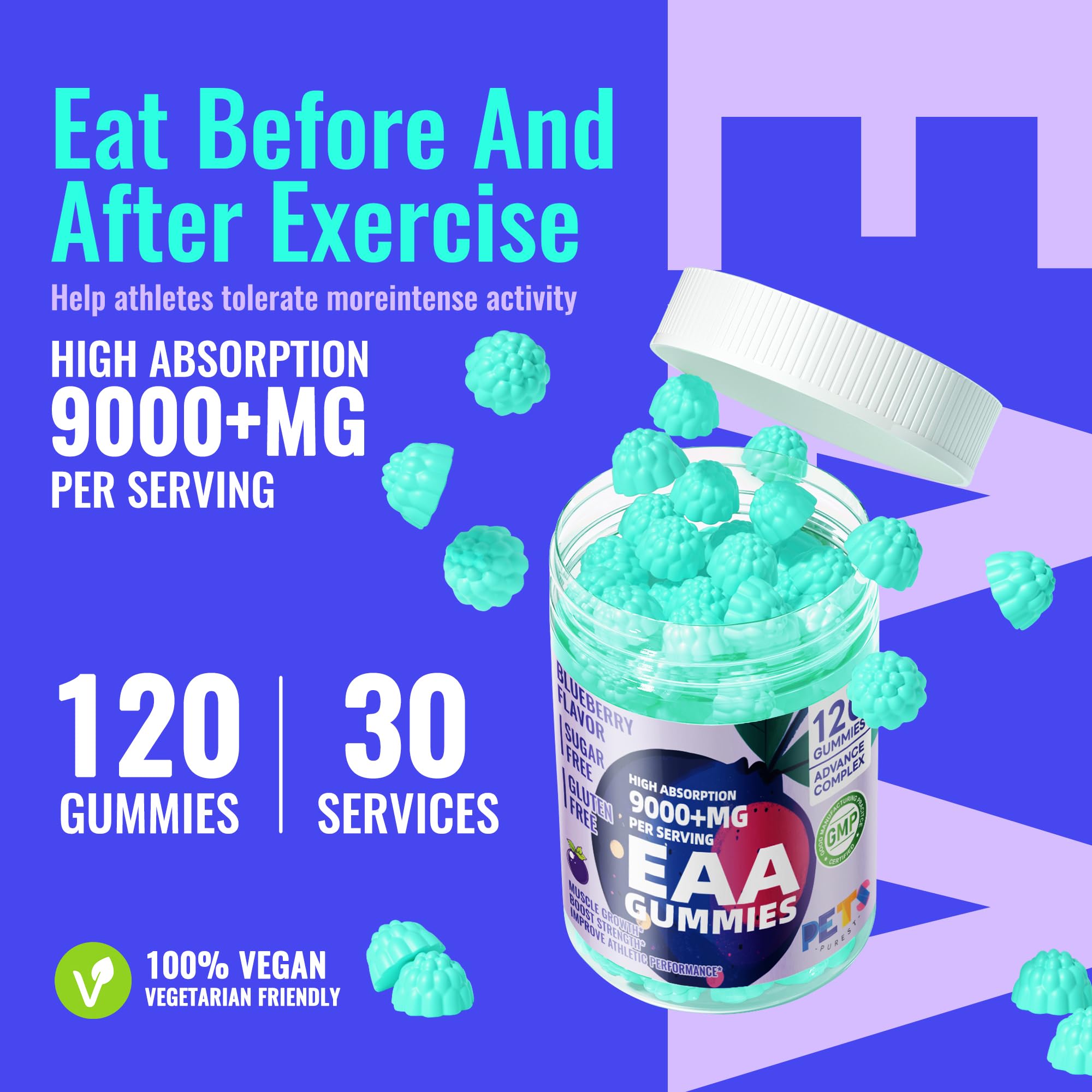 Pets Purest EAA Gummies non-GMO badge: assurance of clean ingredient sourcing.